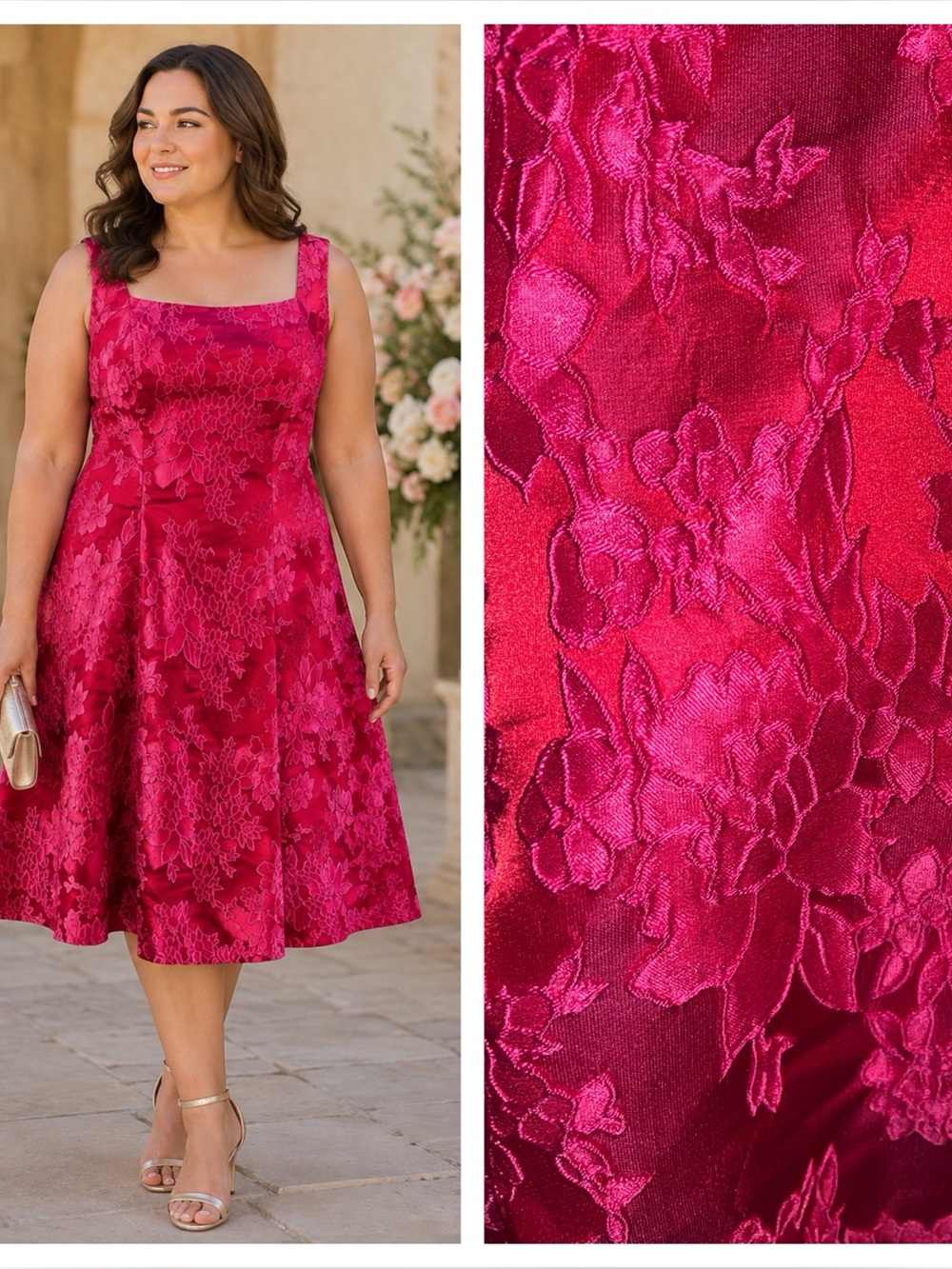 Sz 14W Luxe by Carmen Marc Valvo Red Embossed Pink Floral Formal Dress w/Pockets